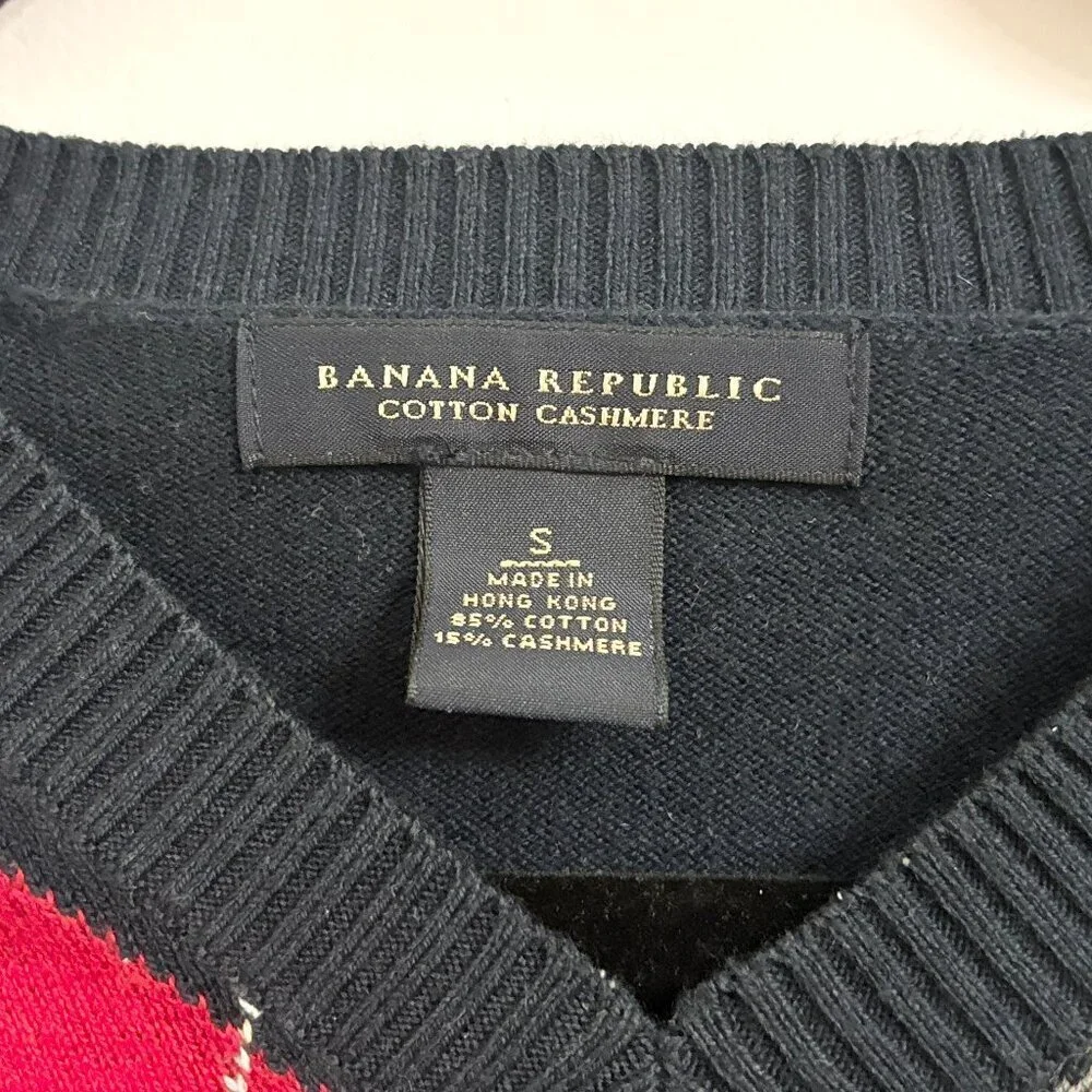 EUC Banana Republic Cashmere & Cottom V Neck Argyle Long Sleeve Sweater - Small